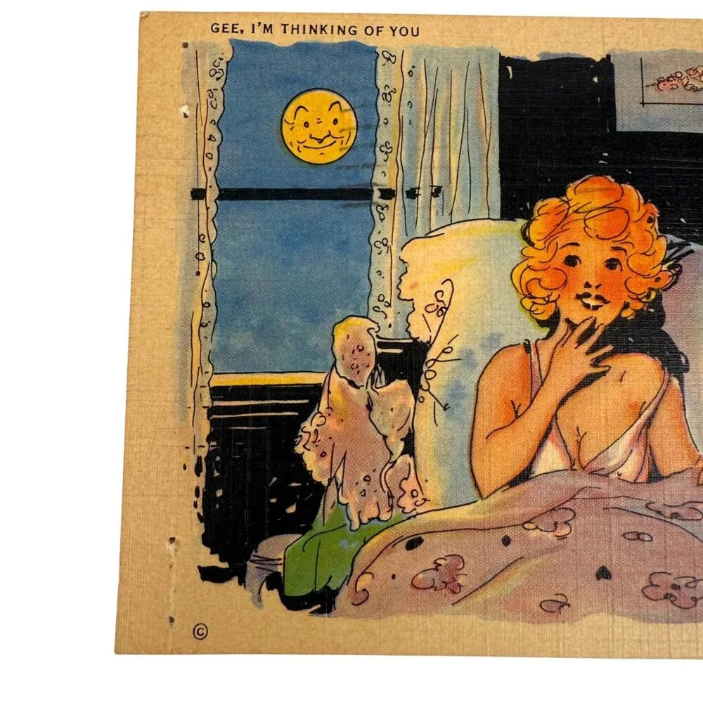 VTG 1940s Curteich Linen Postcard Gee I’m Thinking Of‎ You Woman In Bed Postmark